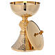 Chalice and ciborium of 24k gold plated brass with leaf pattern on diamond fnish base s5