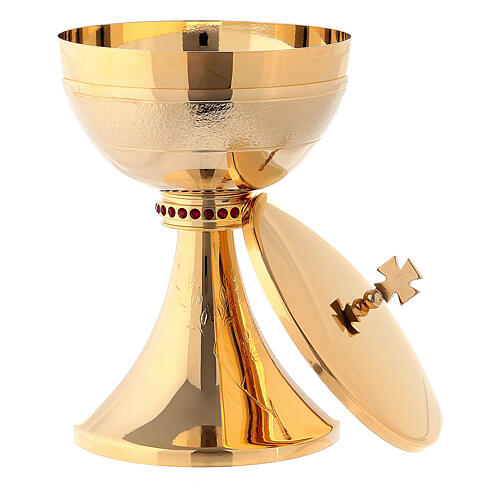 Chalice and ciborium 24-karat gold plated brass red stones and rough finish 7