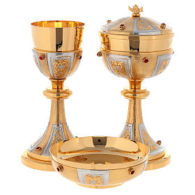 Carved chalice ciborium and paten, red synthetic stones