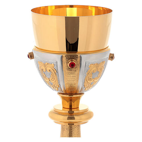 Carved chalice ciborium and paten, red synthetic stones 3