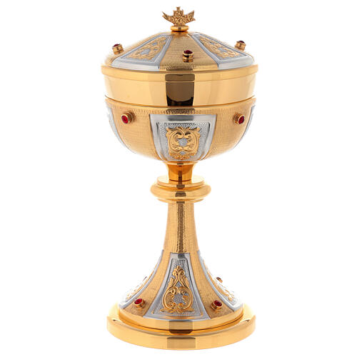 Carved chalice ciborium and paten, red synthetic stones 4