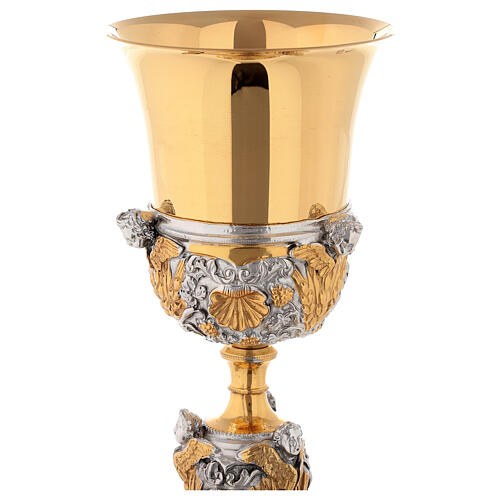 Cálice latão bicolor e copa prata 800, fundição em cera, decoração anjos, altura 30 cm 2