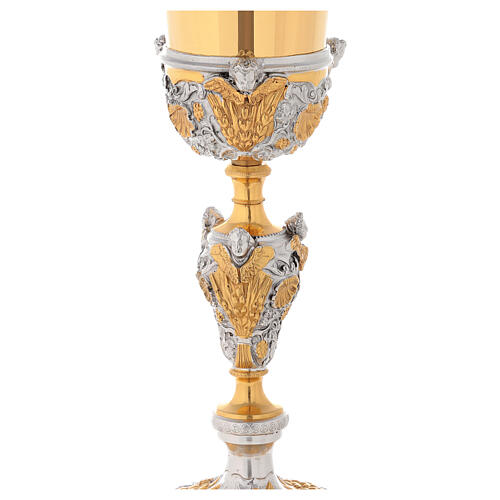 Cálice latão bicolor e copa prata 800, fundição em cera, decoração anjos, altura 30 cm 3