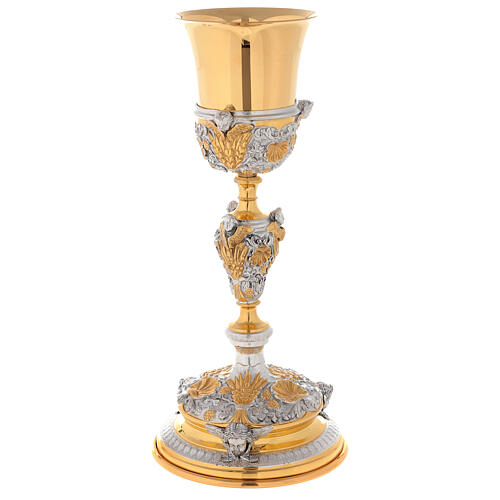 Cálice latão bicolor e copa prata 800, fundição em cera, decoração anjos, altura 30 cm 8