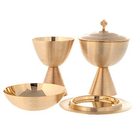 Chalice, ciborium, bowl paten and paten of gold plated brass, satin finish