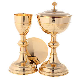 Chalice with paten and pyx in gold plated brass with engravings