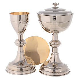Chalice, pyx, paten, silver-plated brass, chiseled lines