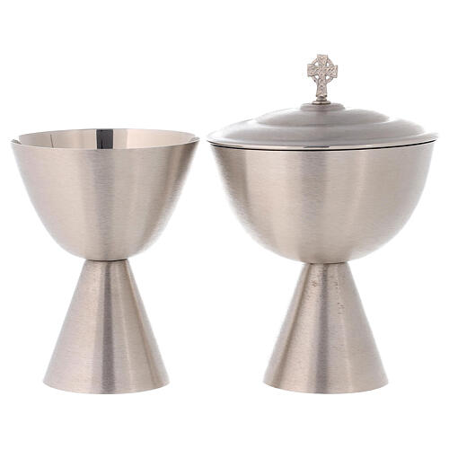 Modern chalice ciborium and paten of satin silver-plated brass 2