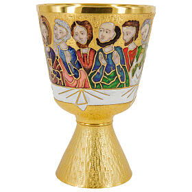 Chalice and paten Last Supper enamel gold chiselled brass