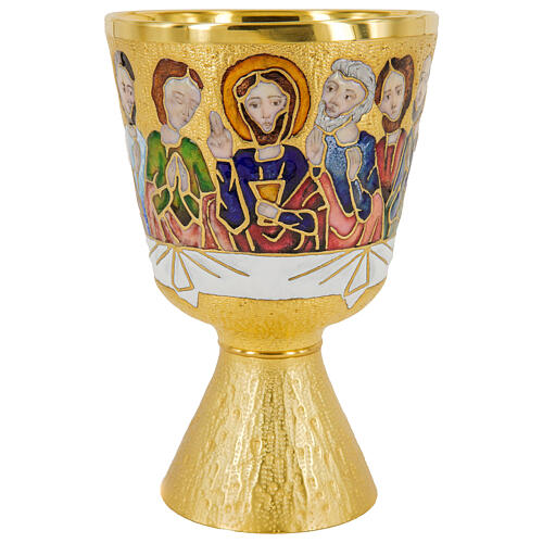 Chalice and paten Last Supper enamel gold chiselled brass 1