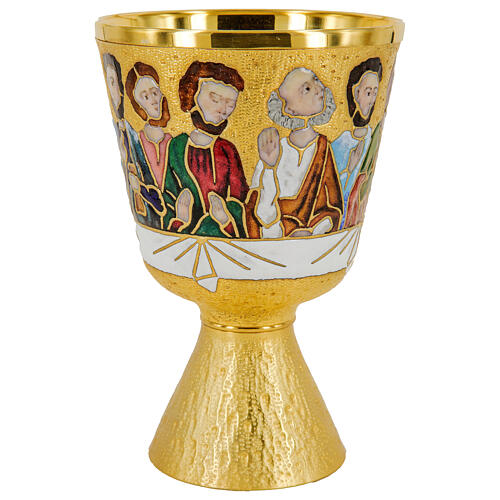 Chalice and paten Last Supper enamel gold chiselled brass 5