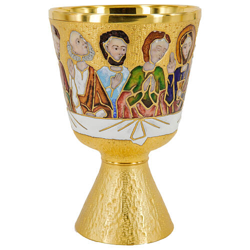 Chalice and paten Last Supper enamel gold chiselled brass 6