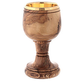 Handcrafted church chalice in olive wood, gilded cup 16 cm