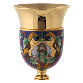 Chalice, ciborium and bowl paten with enamelled IHS and Good Shepherd