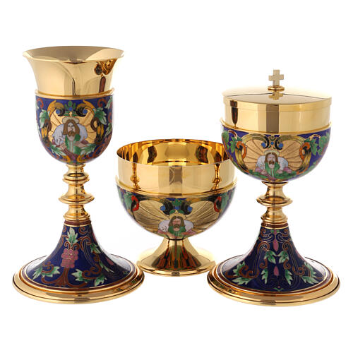 Chalice, ciborium and bowl paten with enamelled IHS and Good Shepherd 1