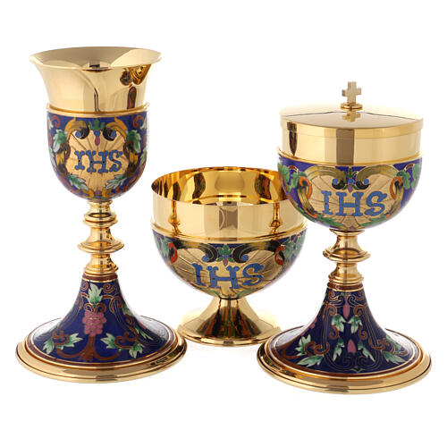 Chalice, ciborium and bowl paten with enamelled IHS and Good Shepherd 4