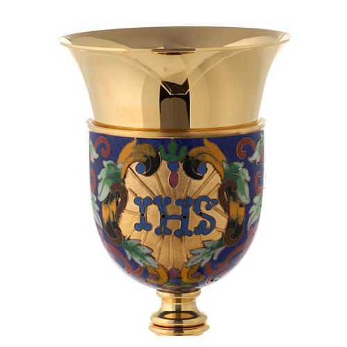 Chalice, ciborium and bowl paten with enamelled IHS and Good Shepherd 5