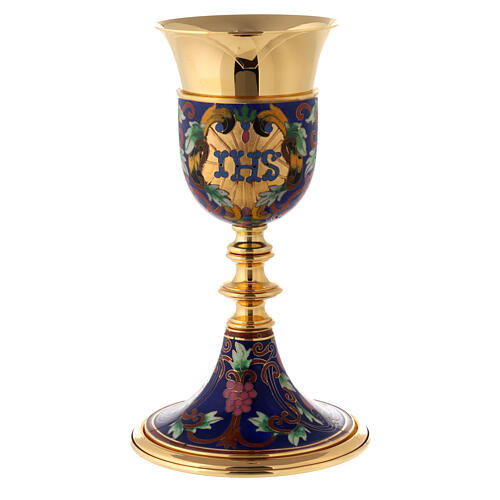 Chalice, ciborium and bowl paten with enamelled IHS and Good Shepherd 6