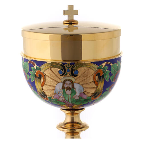 Chalice, ciborium and bowl paten with enamelled IHS and Good Shepherd 7