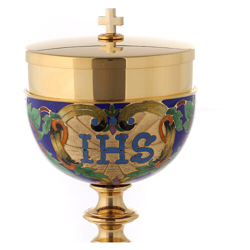 Chalice, ciborium and bowl paten with enamelled IHS and Good Shepherd 8
