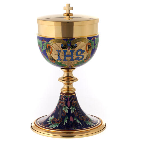 Chalice, ciborium and bowl paten with enamelled IHS and Good Shepherd 9