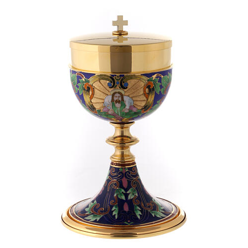 Chalice, ciborium and bowl paten with enamelled IHS and Good Shepherd 10