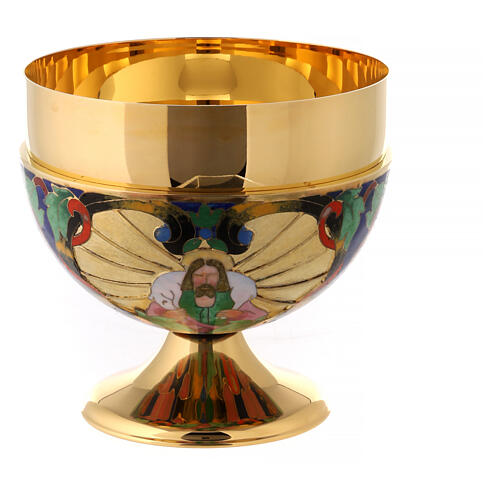Chalice, ciborium and bowl paten with enamelled IHS and Good Shepherd 11