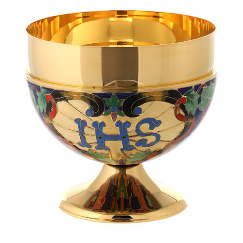 Chalice, ciborium and bowl paten with enamelled IHS and Good Shepherd 12