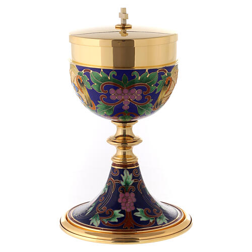 Chalice, ciborium and bowl paten with enamelled IHS and Good Shepherd 14