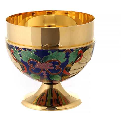 Chalice, ciborium and bowl paten with enamelled IHS and Good Shepherd 15