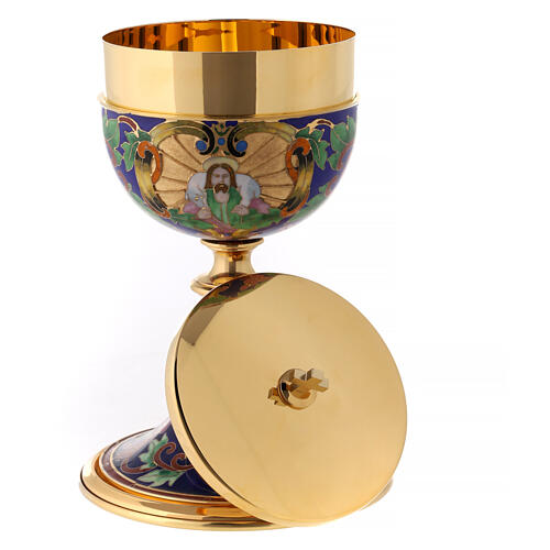 Chalice, ciborium and bowl paten with enamelled IHS and Good Shepherd 17