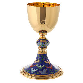 Brass chalice with enamelled doves on the base, 8 in