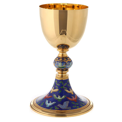 Brass chalice with enamelled doves on the base, 8 in 1