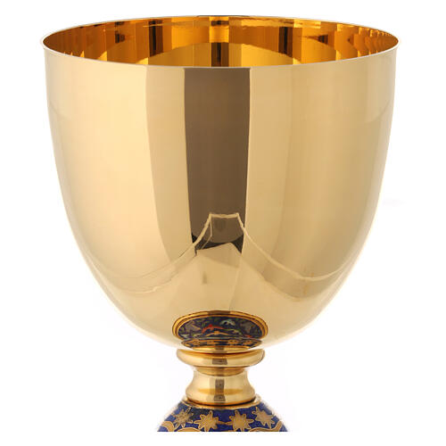 Brass chalice with enamelled doves on the base, 8 in 2