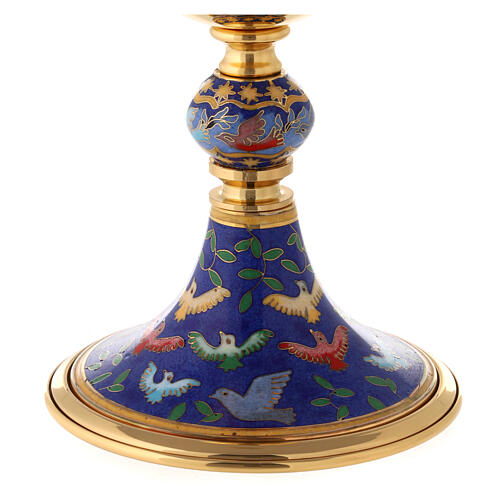 Brass chalice with enamelled doves on the base, 8 in 3