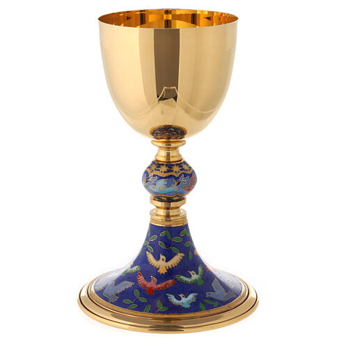 Brass chalice with enamelled doves on the base, 8 in 4