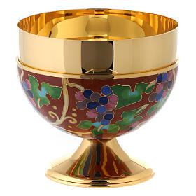 Red enameled ciborium bowl decorated with bunches of grapes