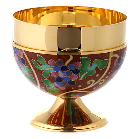 Red enameled ciborium bowl decorated with bunches of grapes