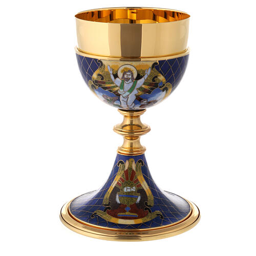 Blue cloisonné enamelled chalice with JHS, 8 in 1