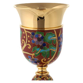 Gold plated brass chalice with red enamel and grape pattern