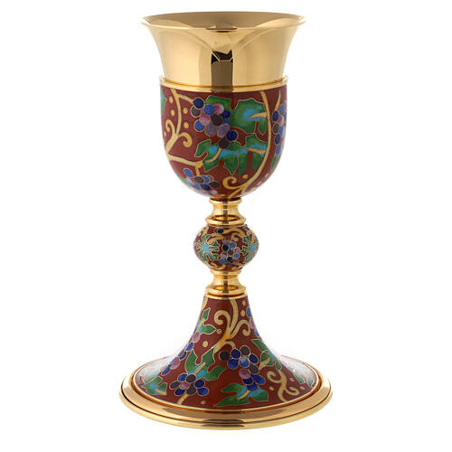 Gold plated brass chalice with red enamel and grape pattern 1