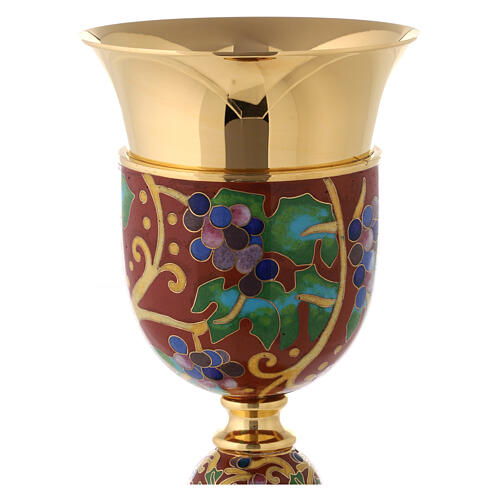Gold plated brass chalice with red enamel and grape pattern 2