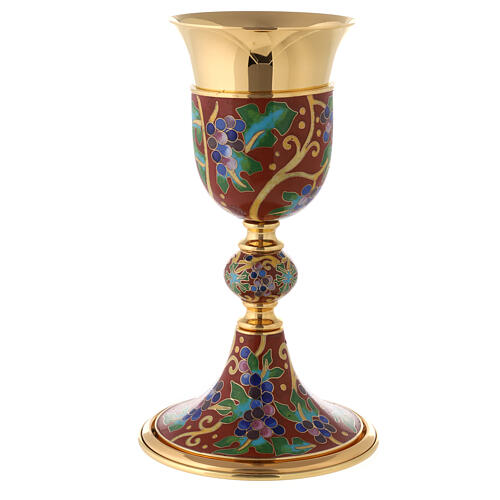 Gold plated brass chalice with red enamel and grape pattern 5