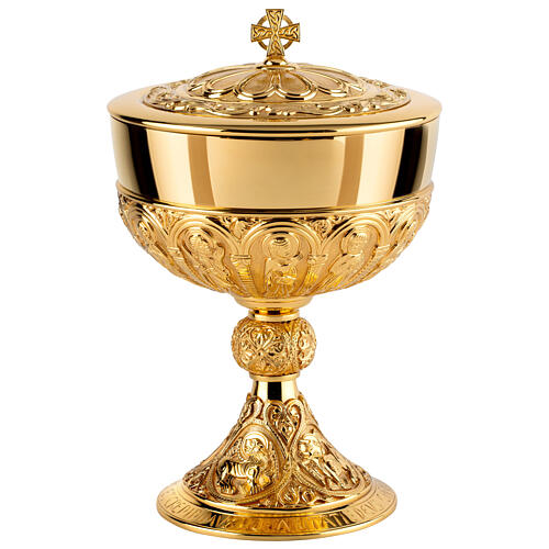 Ziborium, Cuppa aus 925er Silber, Messing vergoldet, reiche Verzierungen, romanischer Stil, für 500 Hostien, Molina, Ø 16,5 cm 1