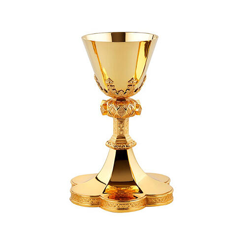 Chalice, ciborium and paten of Gothic style by Molina, gold plated brass 2