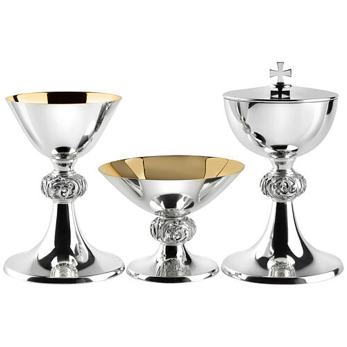 Silver-plated brass chalice ciborium paten, smooth with embossed node, Molina 1