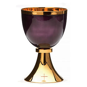 Fire-enamelled purple chalice, ciborium and paten, 925 silver