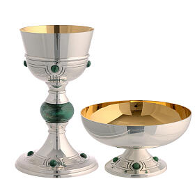 Molina chalice ciborium and bowl paten with aventurine cabochon gems and node