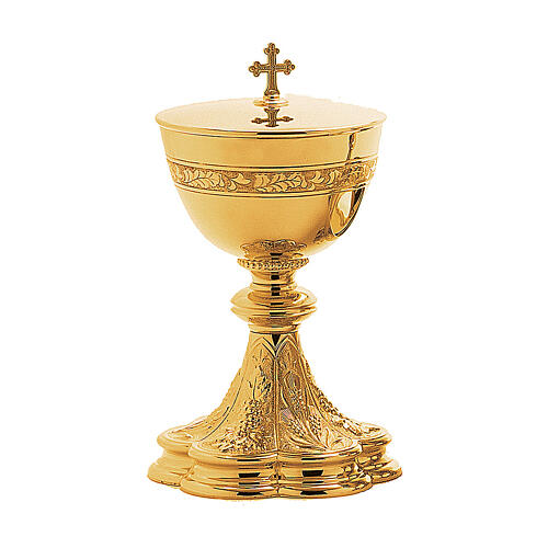 Molina chalice ciborium and paten of gold plated brass with grape and wheat pattern 3