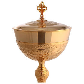 Chalice ciborium and bowl paten by Molina, fish pattern, silver-plated brass